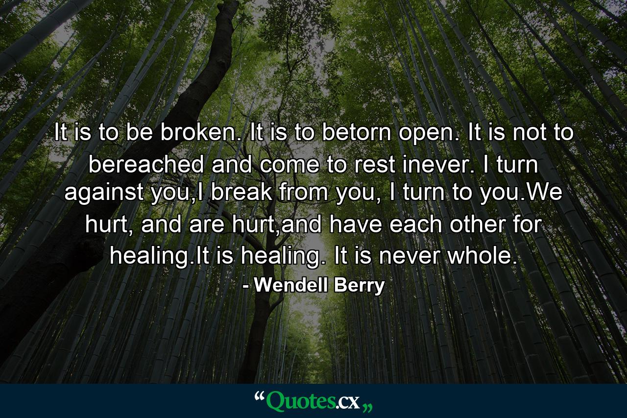 It is to be broken. It is to betorn open. It is not to bereached and come to rest inever. I turn against you,I break from you, I turn to you.We hurt, and are hurt,and have each other for healing.It is healing. It is never whole. - Quote by Wendell Berry