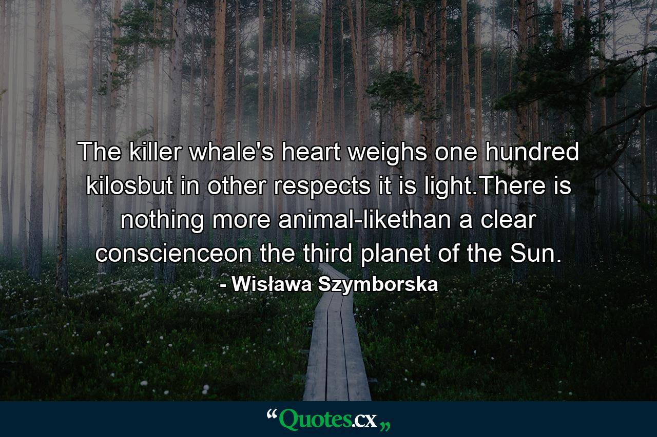 The killer whale's heart weighs one hundred kilosbut in other respects it is light.There is nothing more animal-likethan a clear conscienceon the third planet of the Sun. - Quote by Wisława Szymborska