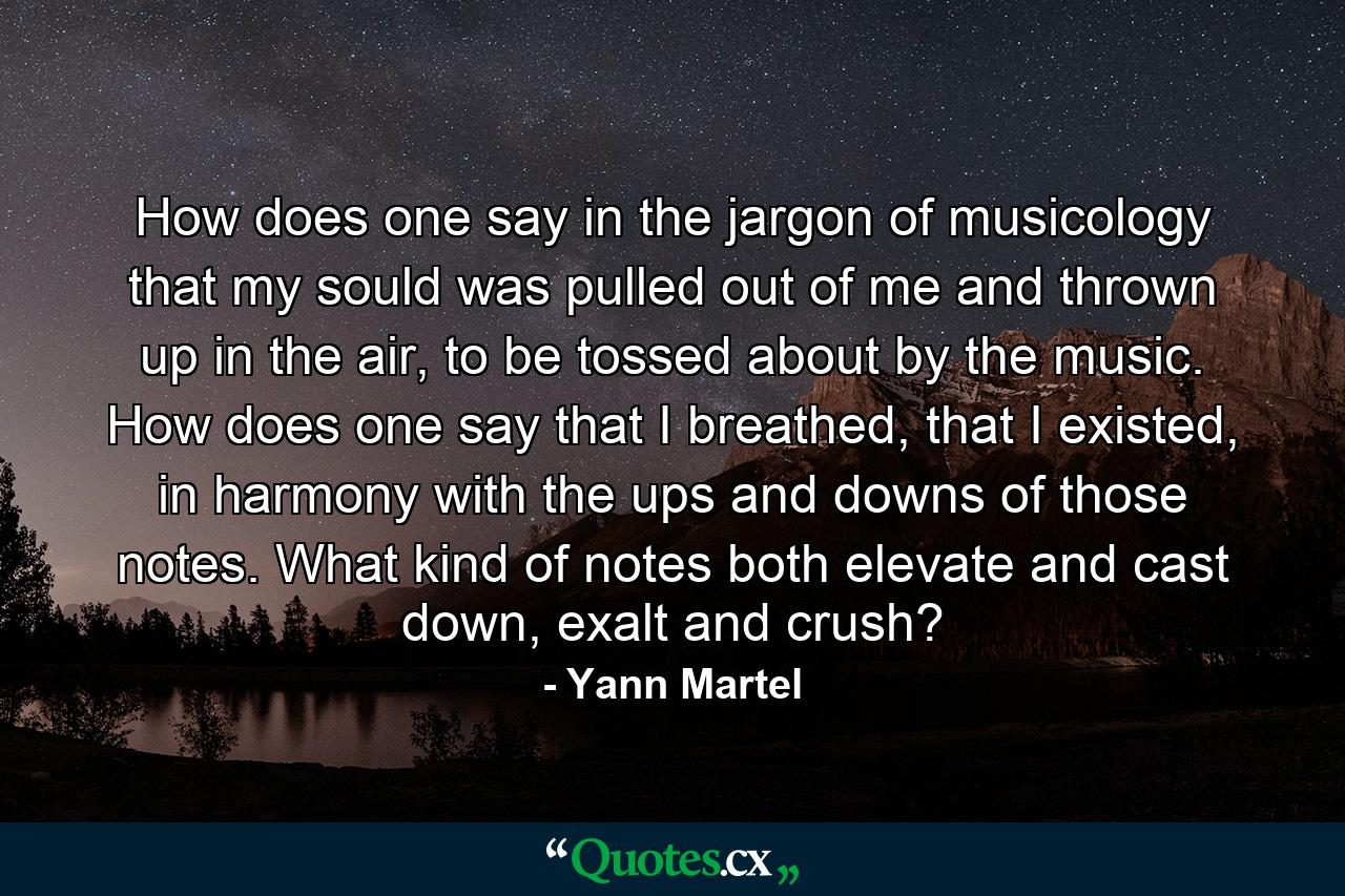 How does one say in the jargon of musicology that my sould was pulled out of me and thrown up in the air, to be tossed about by the music. How does one say that I breathed, that I existed, in harmony with the ups and downs of those notes. What kind of notes both elevate and cast down, exalt and crush? - Quote by Yann Martel