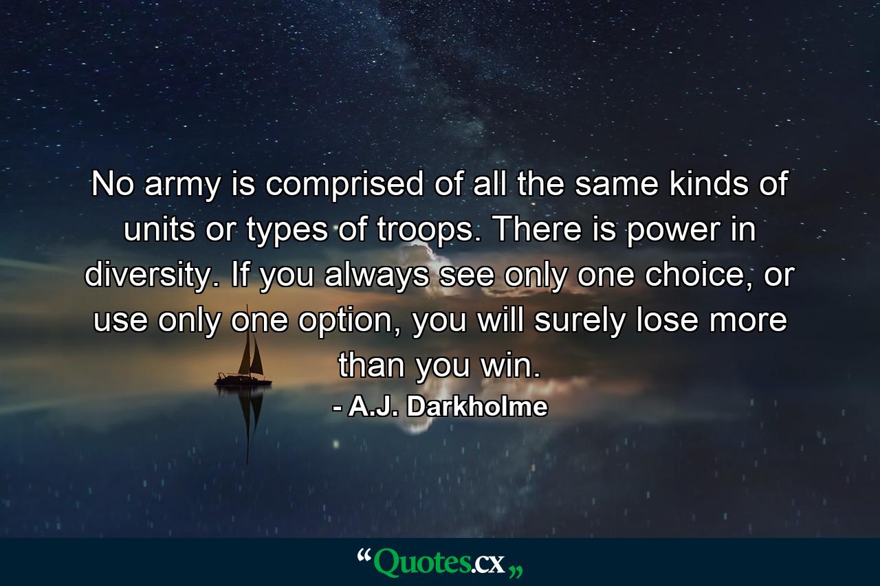 No army is comprised of all the same kinds of units or types of troops. There is power in diversity. If you always see only one choice, or use only one option, you will surely lose more than you win. - Quote by A.J. Darkholme