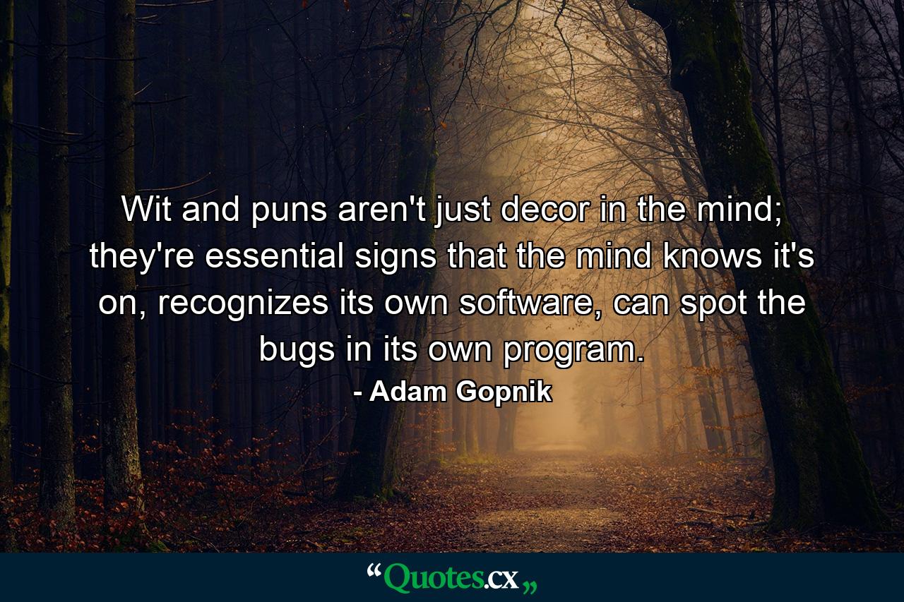 Wit and puns aren't just decor in the mind; they're essential signs that the mind knows it's on, recognizes its own software, can spot the bugs in its own program. - Quote by Adam Gopnik