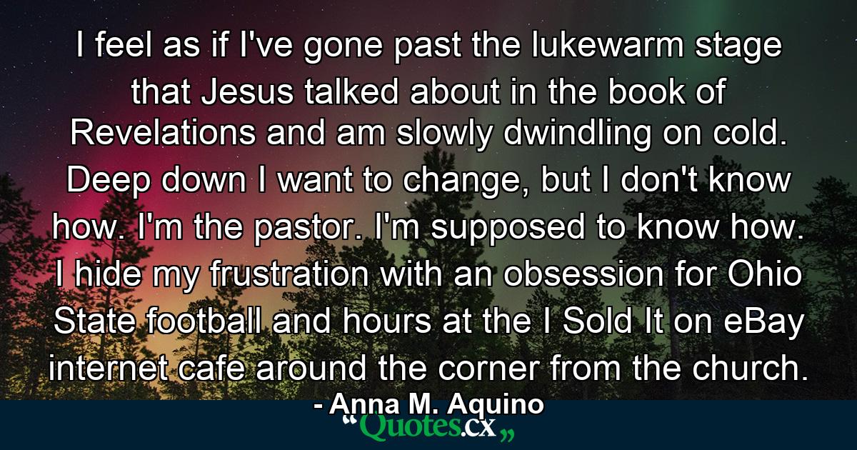 I feel as if I've gone past the lukewarm stage that Jesus talked about in the book of Revelations and am slowly dwindling on cold. Deep down I want to change, but I don't know how. I'm the pastor. I'm supposed to know how. I hide my frustration with an obsession for Ohio State football and hours at the I Sold It on eBay internet cafe around the corner from the church. - Quote by Anna M. Aquino