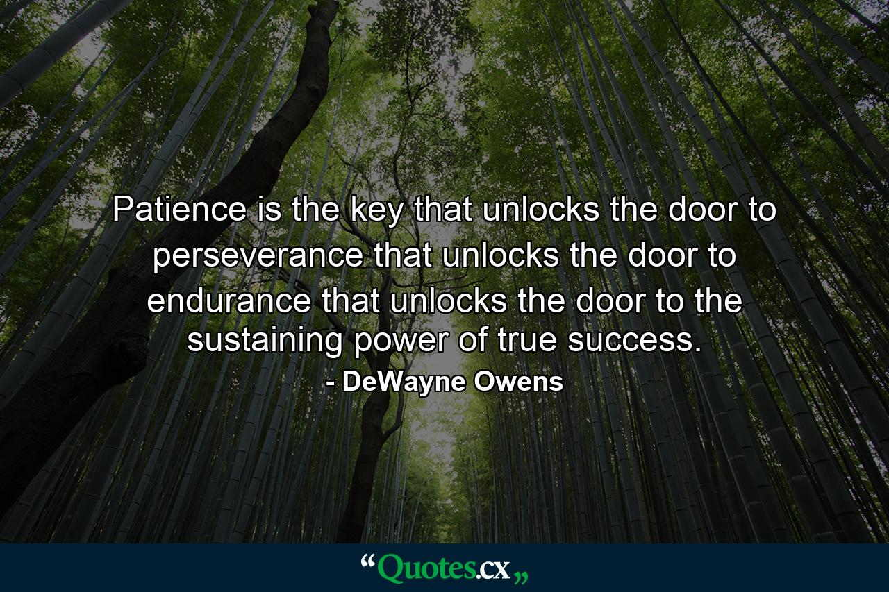 Patience is the key that unlocks the door to perseverance that unlocks the door to endurance that unlocks the door to the sustaining power of true success. - Quote by DeWayne Owens