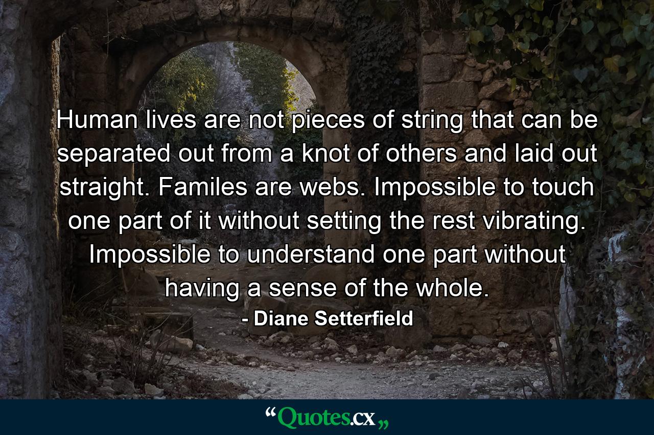 Human lives are not pieces of string that can be separated out from a knot of others and laid out straight. Familes are webs. Impossible to touch one part of it without setting the rest vibrating. Impossible to understand one part without having a sense of the whole. - Quote by Diane Setterfield