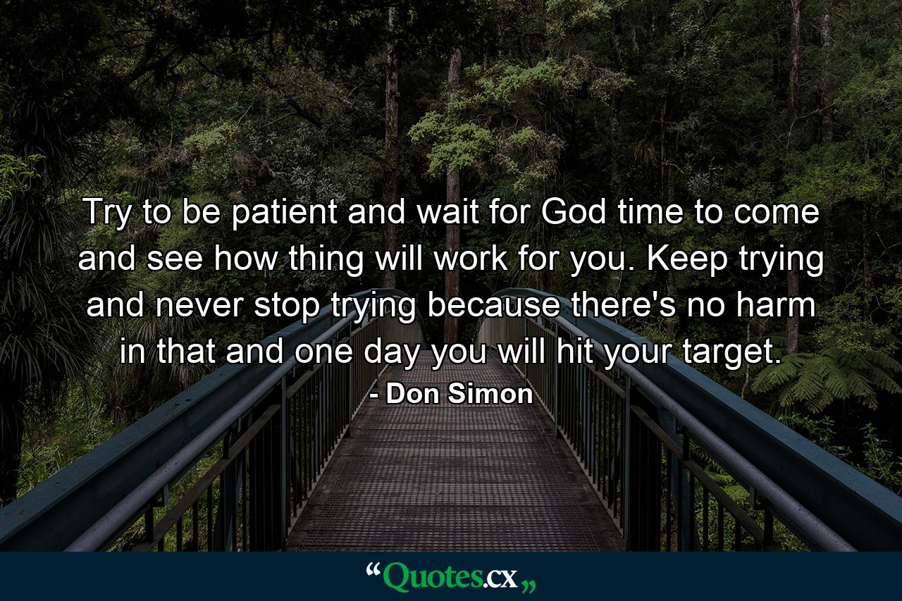 Try to be patient and wait for God time to come and see how thing will work for you. Keep trying and never stop trying because there's no harm in that and one day you will hit your target. - Quote by Don Simon