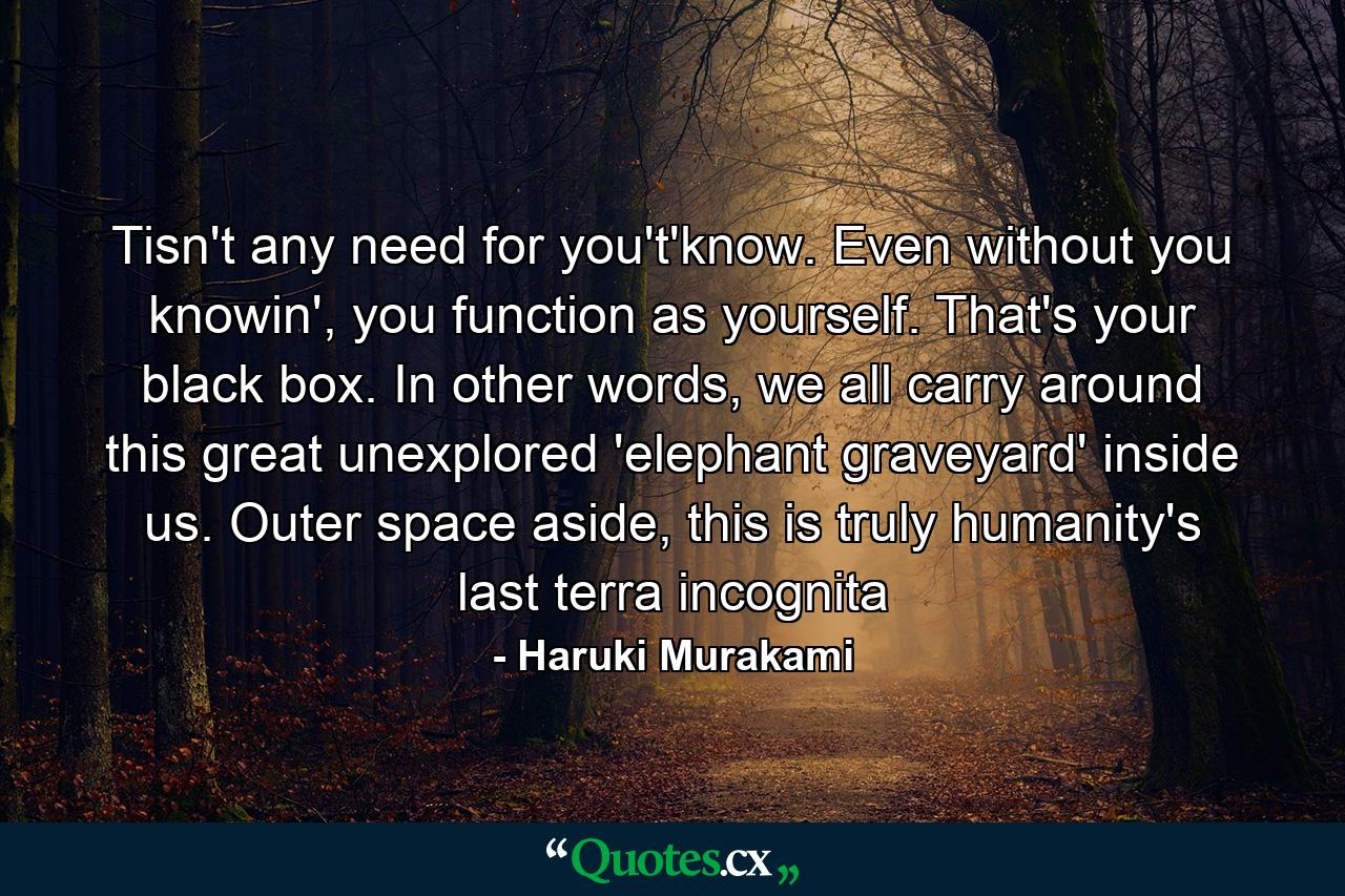 Tisn't any need for you't'know. Even without you knowin', you function as yourself. That's your black box. In other words, we all carry around this great unexplored 'elephant graveyard' inside us. Outer space aside, this is truly humanity's last terra incognita - Quote by Haruki Murakami