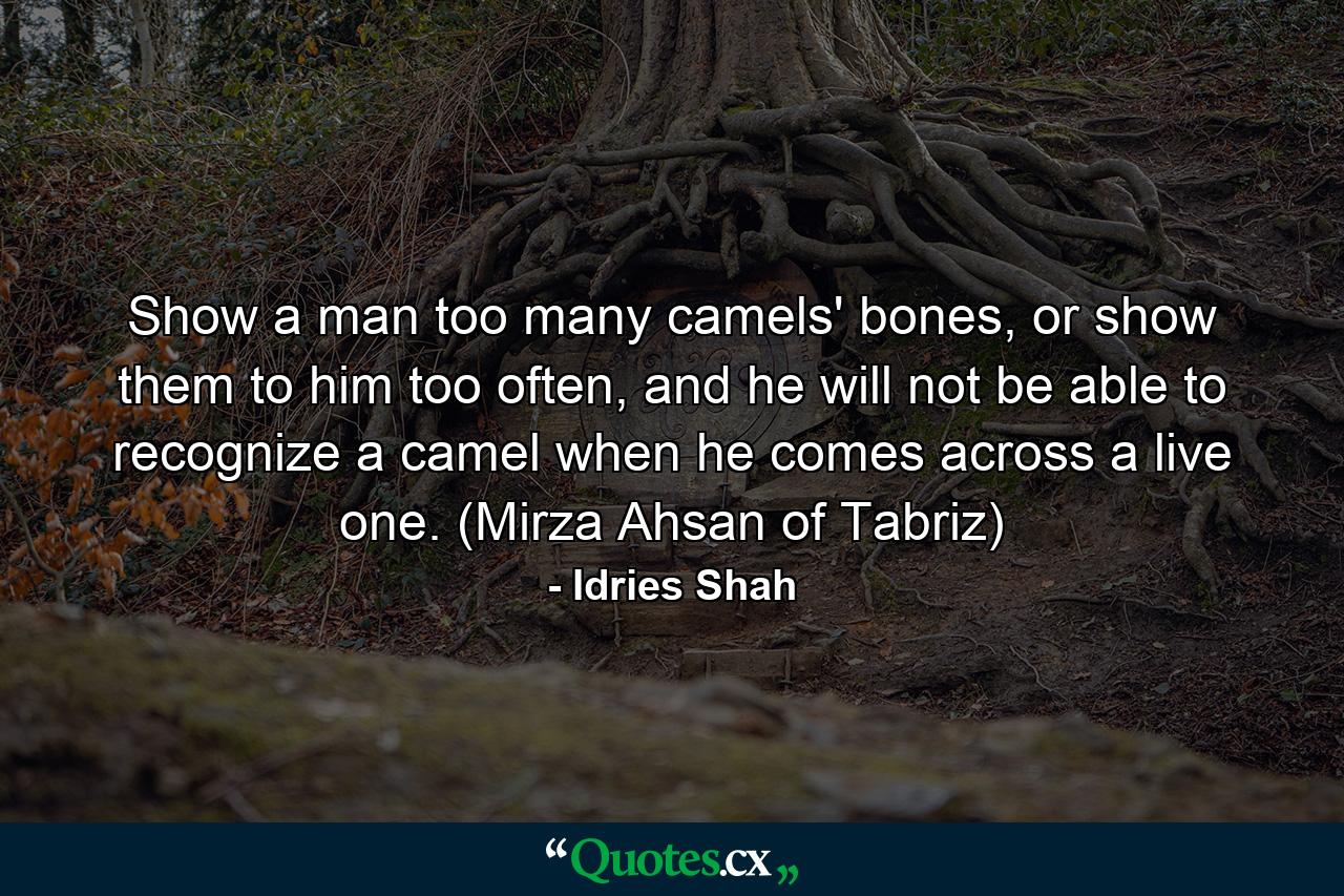 Show a man too many camels' bones, or show them to him too often, and he will not be able to recognize a camel when he comes across a live one. (Mirza Ahsan of Tabriz) - Quote by Idries Shah