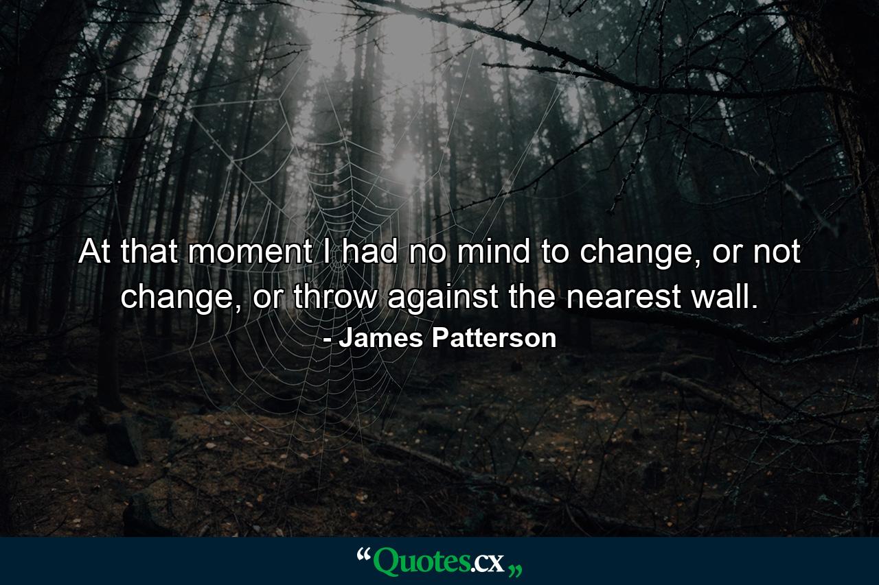 At that moment I had no mind to change, or not change, or throw against the nearest wall. - Quote by James Patterson