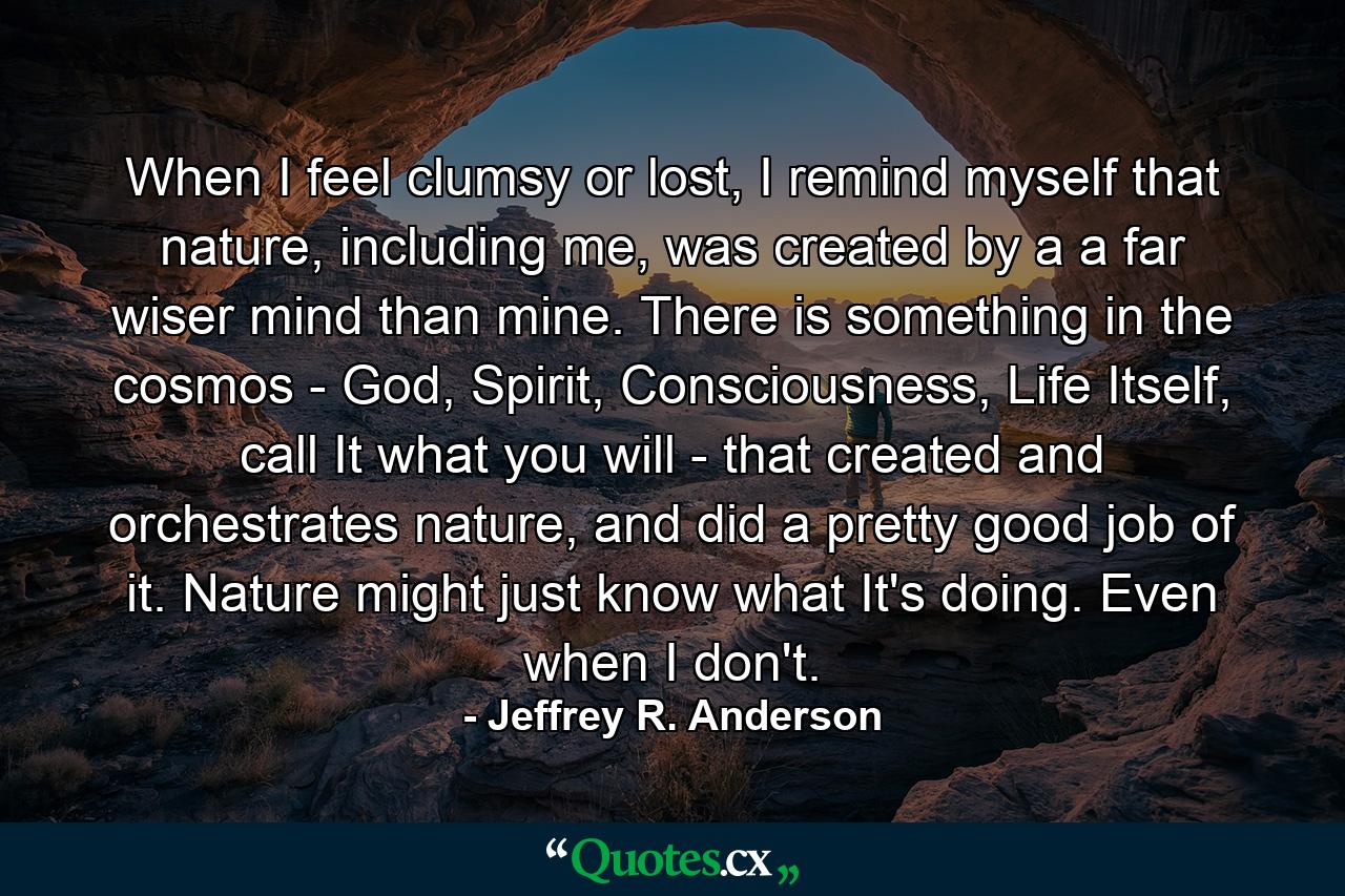 When I feel clumsy or lost, I remind myself that nature, including me, was created by a a far wiser mind than mine. There is something in the cosmos - God, Spirit, Consciousness, Life Itself, call It what you will - that created and orchestrates nature, and did a pretty good job of it. Nature might just know what It's doing. Even when I don't. - Quote by Jeffrey R. Anderson