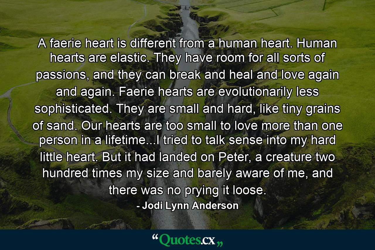 A faerie heart is different from a human heart. Human hearts are elastic. They have room for all sorts of passions, and they can break and heal and love again and again. Faerie hearts are evolutionarily less sophisticated. They are small and hard, like tiny grains of sand. Our hearts are too small to love more than one person in a lifetime...I tried to talk sense into my hard little heart. But it had landed on Peter, a creature two hundred times my size and barely aware of me, and there was no prying it loose. - Quote by Jodi Lynn Anderson