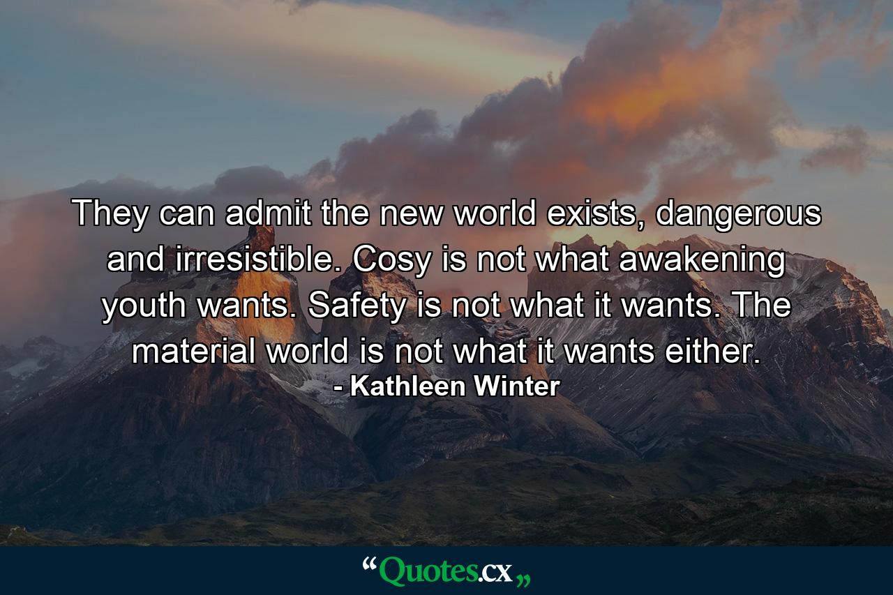 They can admit the new world exists, dangerous and irresistible. Cosy is not what awakening youth wants. Safety is not what it wants. The material world is not what it wants either. - Quote by Kathleen Winter