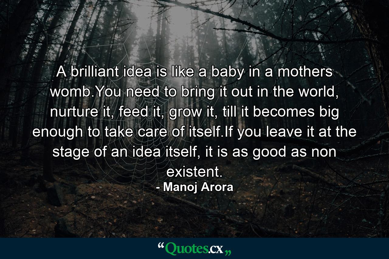 A brilliant idea is like a baby in a mothers womb.You need to bring it out in the world, nurture it, feed it, grow it, till it becomes big enough to take care of itself.If you leave it at the stage of an idea itself, it is as good as non existent. - Quote by Manoj Arora