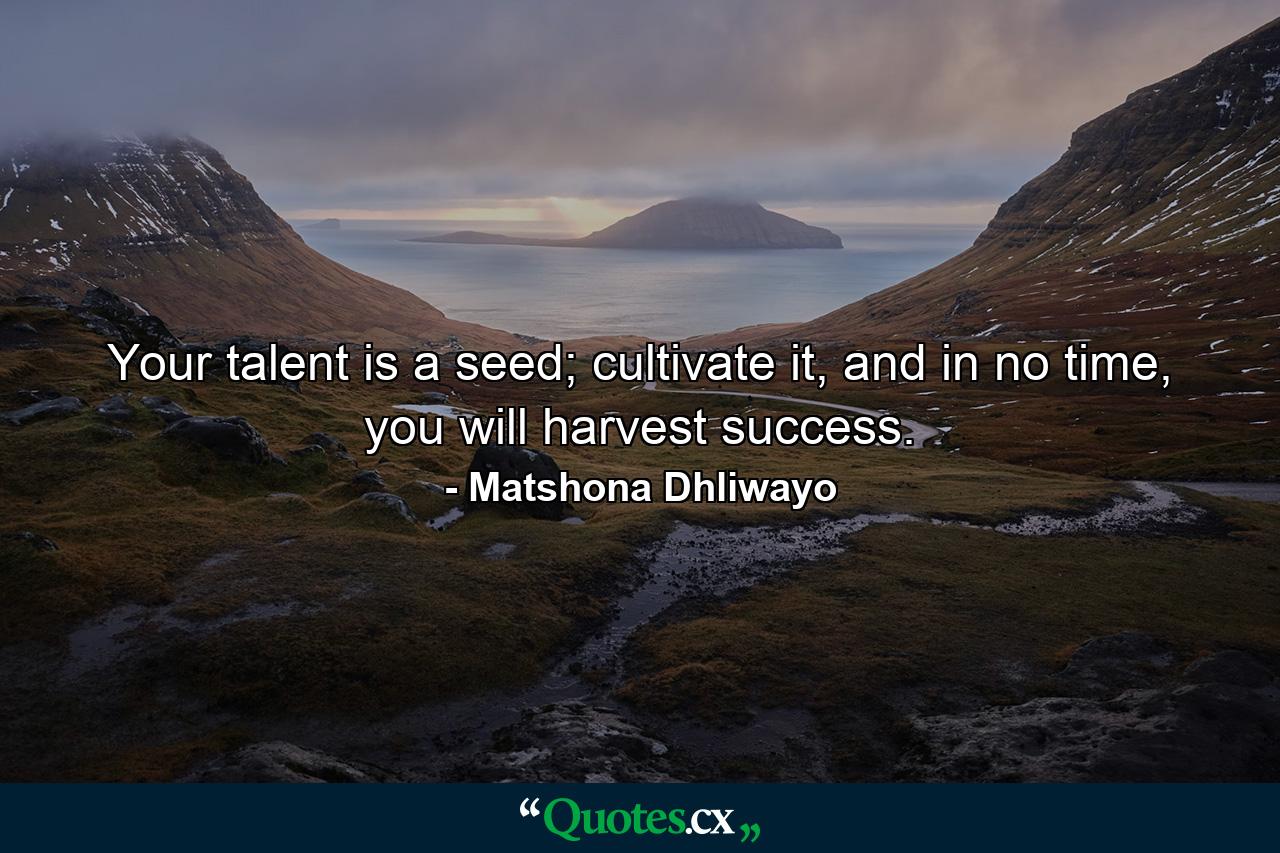 Your talent is a seed; cultivate it, and in no time, you will harvest success. - Quote by Matshona Dhliwayo