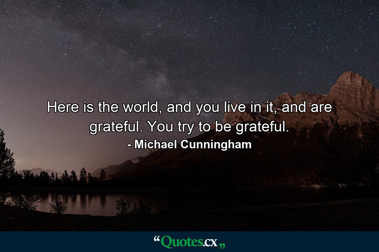 Here is the world, and you live in it, and are grateful. You try to be grateful. - Quote by Michael Cunningham