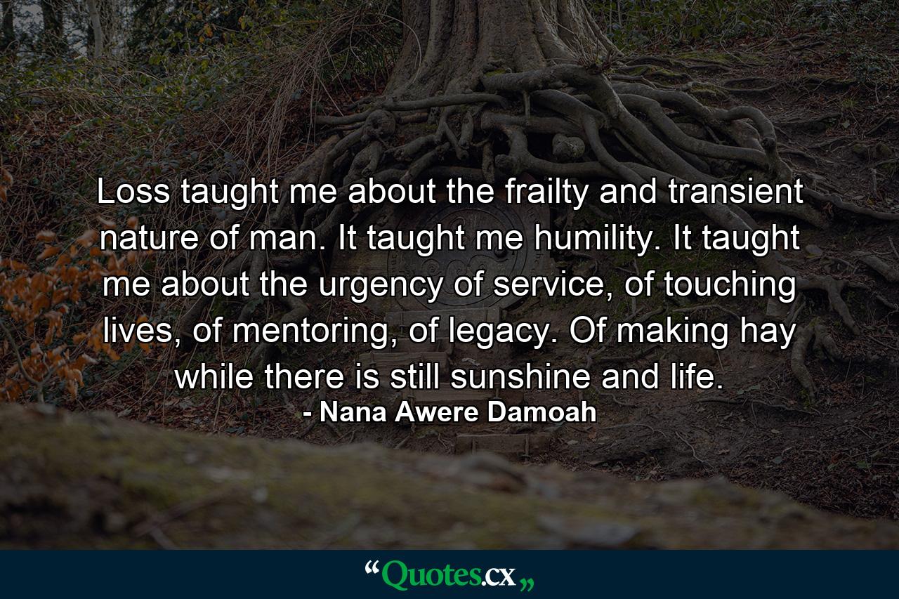 Loss taught me about the frailty and transient nature of man. It taught me humility. It taught me about the urgency of service, of touching lives, of mentoring, of legacy. Of making hay while there is still sunshine and life. - Quote by Nana Awere Damoah