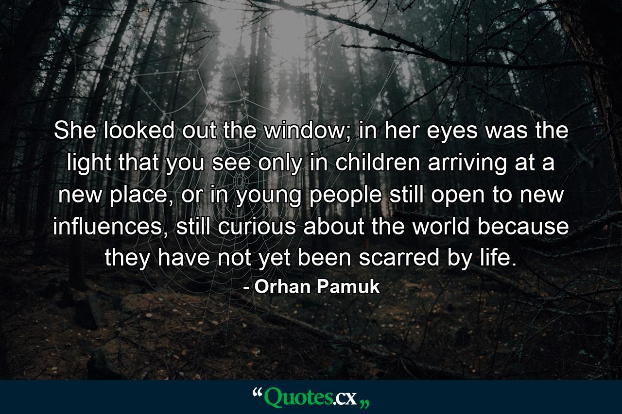 She looked out the window; in her eyes was the light that you see only in children arriving at a new place, or in young people still open to new influences, still curious about the world because they have not yet been scarred by life. - Quote by Orhan Pamuk