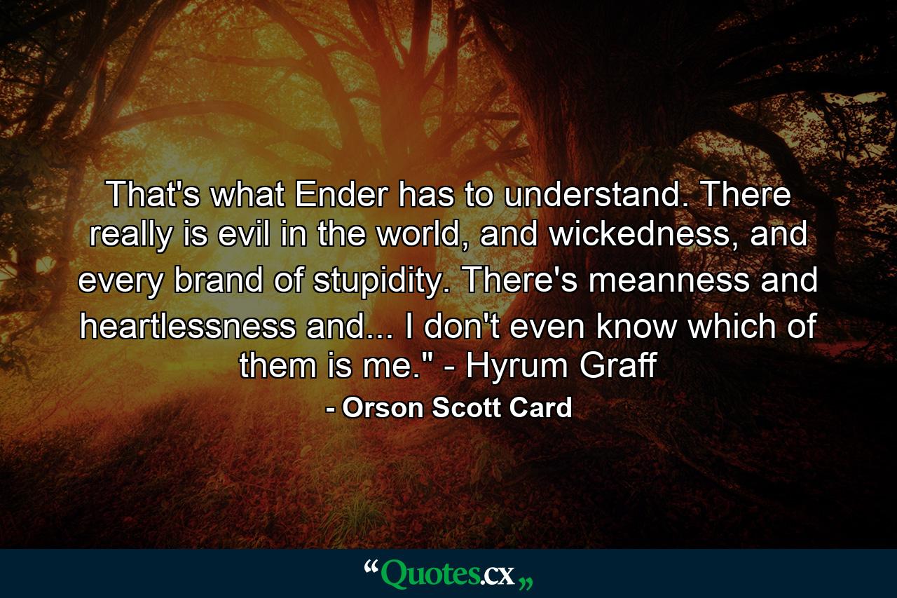 That's what Ender has to understand. There really is evil in the world, and wickedness, and every brand of stupidity. There's meanness and heartlessness and... I don't even know which of them is me.