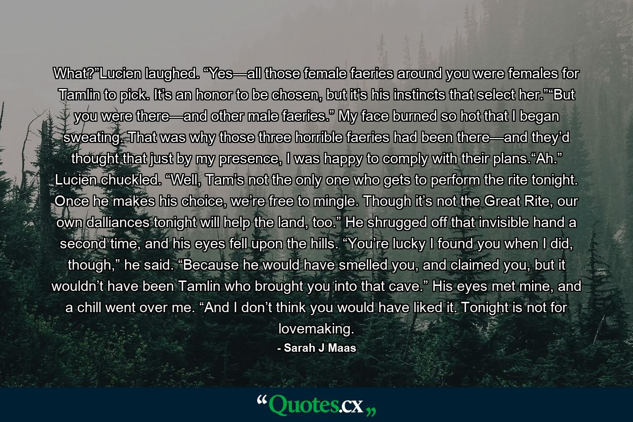 What?”Lucien laughed. “Yes—all those female faeries around you were females for Tamlin to pick. It’s an honor to be chosen, but it’s his instincts that select her.”“But you were there—and other male faeries.” My face burned so hot that I began sweating. That was why those three horrible faeries had been there—and they’d thought that just by my presence, I was happy to comply with their plans.“Ah.” Lucien chuckled. “Well, Tam’s not the only one who gets to perform the rite tonight. Once he makes his choice, we’re free to mingle. Though it’s not the Great Rite, our own dalliances tonight will help the land, too.” He shrugged off that invisible hand a second time, and his eyes fell upon the hills. “You’re lucky I found you when I did, though,” he said. “Because he would have smelled you, and claimed you, but it wouldn’t have been Tamlin who brought you into that cave.” His eyes met mine, and a chill went over me. “And I don’t think you would have liked it. Tonight is not for lovemaking. - Quote by Sarah J Maas