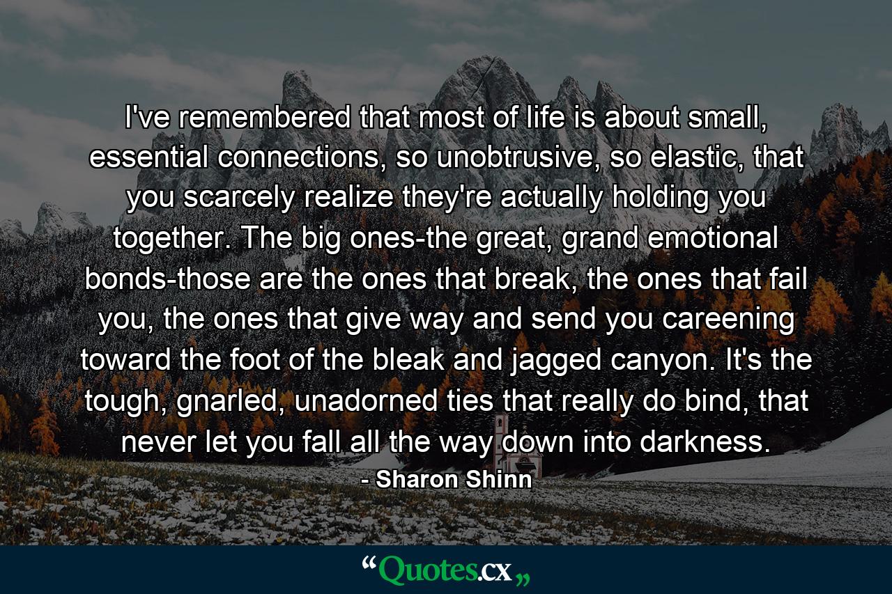 I've remembered that most of life is about small, essential connections, so unobtrusive, so elastic, that you scarcely realize they're actually holding you together. The big ones-the great, grand emotional bonds-those are the ones that break, the ones that fail you, the ones that give way and send you careening toward the foot of the bleak and jagged canyon. It's the tough, gnarled, unadorned ties that really do bind, that never let you fall all the way down into darkness. - Quote by Sharon Shinn