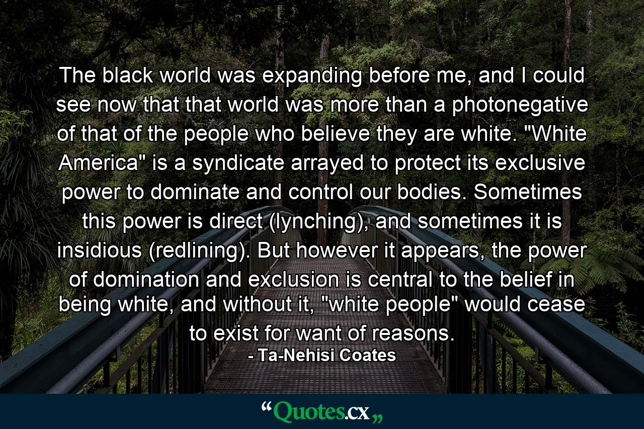 The black world was expanding before me, and I could see now that that world was more than a photonegative of that of the people who believe they are white. 