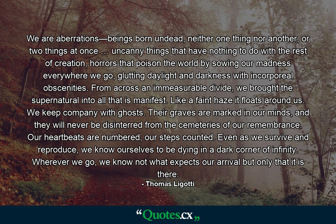 We are aberrations—beings born undead, neither one thing nor another, or two things at once … uncanny things that have nothing to do with the rest of creation, horrors that poison the world by sowing our madness everywhere we go, glutting daylight and darkness with incorporeal obscenities. From across an immeasurable divide, we brought the supernatural into all that is manifest. Like a faint haze it floats around us. We keep company with ghosts. Their graves are marked in our minds, and they will never be disinterred from the cemeteries of our remembrance. Our heartbeats are numbered, our steps counted. Even as we survive and reproduce, we know ourselves to be dying in a dark corner of infinity. Wherever we go, we know not what expects our arrival but only that it is there. - Quote by Thomas Ligotti