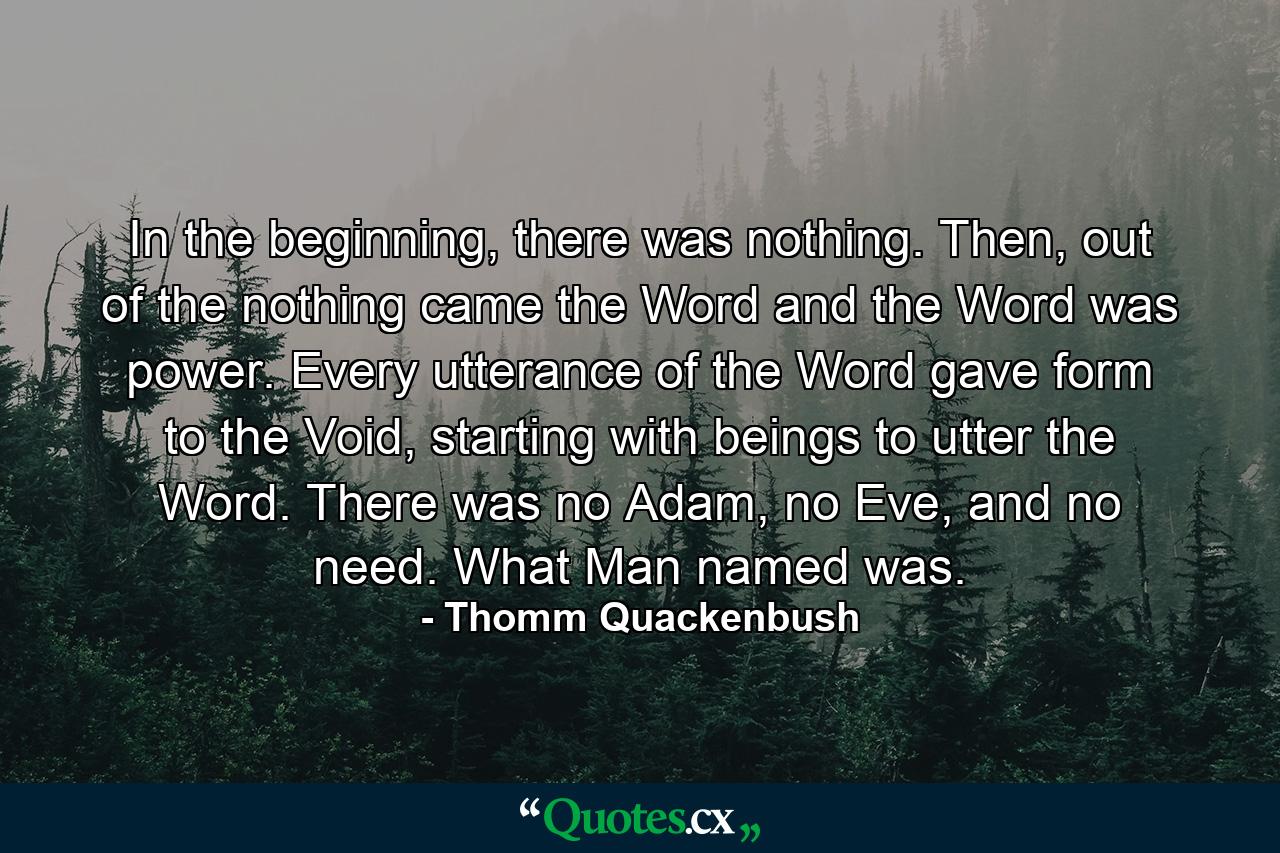 In the beginning, there was nothing. Then, out of the nothing came the Word and the Word was power. Every utterance of the Word gave form to the Void, starting with beings to utter the Word. There was no Adam, no Eve, and no need. What Man named was. - Quote by Thomm Quackenbush