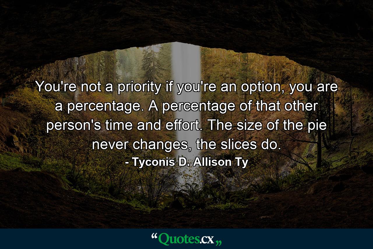 You're not a priority if you're an option, you are a percentage. A percentage of that other person's time and effort. The size of the pie never changes, the slices do. - Quote by Tyconis D. Allison Ty