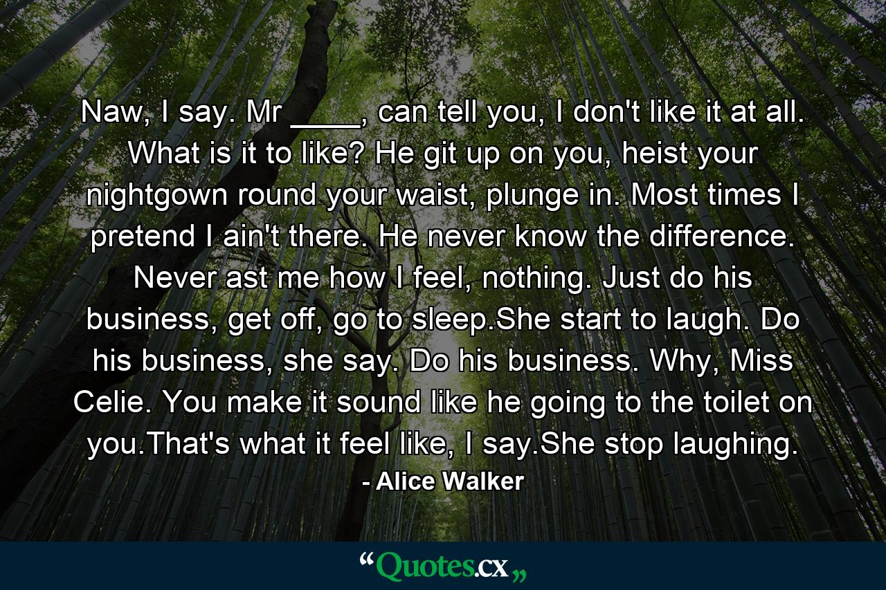 Naw, I say. Mr ____, can tell you, I don't like it at all. What is it to like? He git up on you, heist your nightgown round your waist, plunge in. Most times I pretend I ain't there. He never know the difference. Never ast me how I feel, nothing. Just do his business, get off, go to sleep.She start to laugh. Do his business, she say. Do his business. Why, Miss Celie. You make it sound like he going to the toilet on you.That's what it feel like, I say.She stop laughing. - Quote by Alice Walker