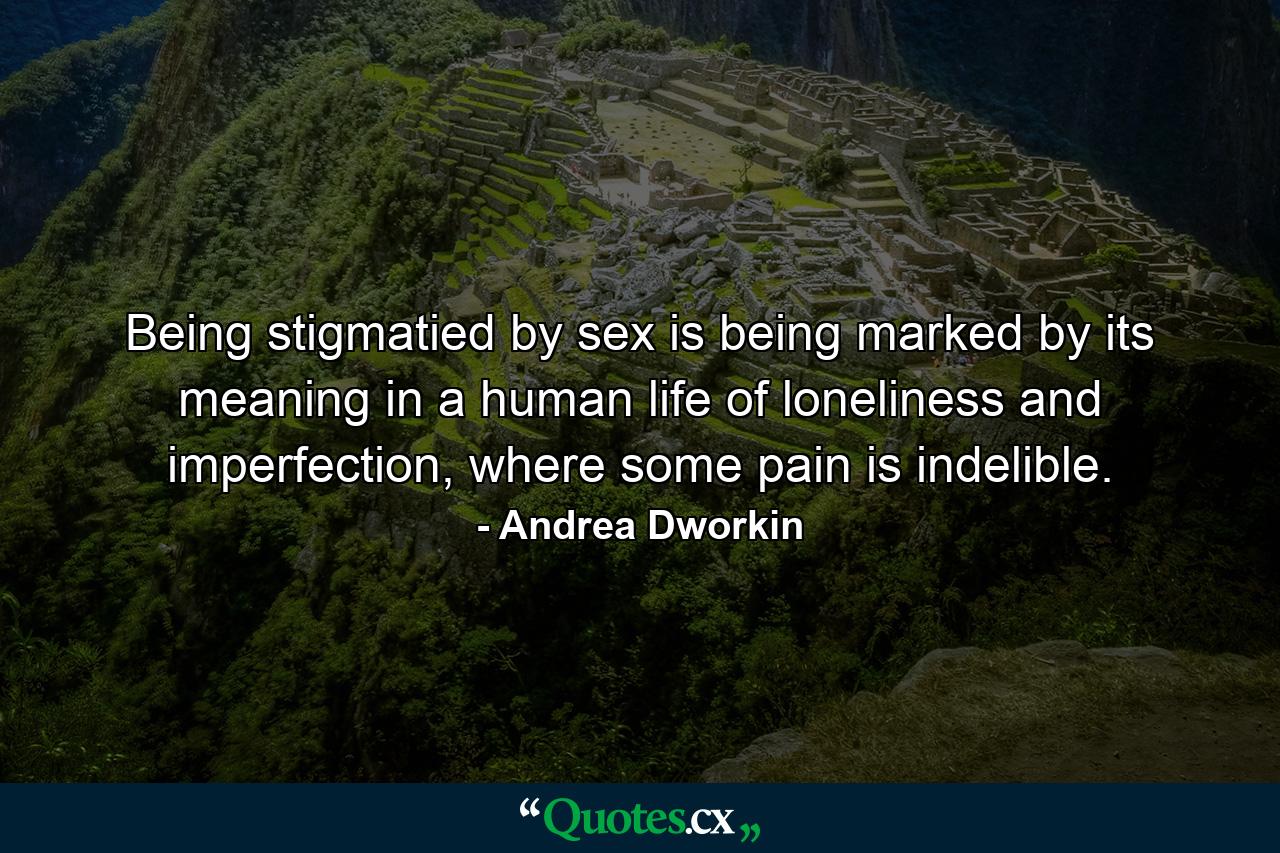 Being stigmatied by sex is being marked by its meaning in a human life of loneliness and imperfection, where some pain is indelible. - Quote by Andrea Dworkin