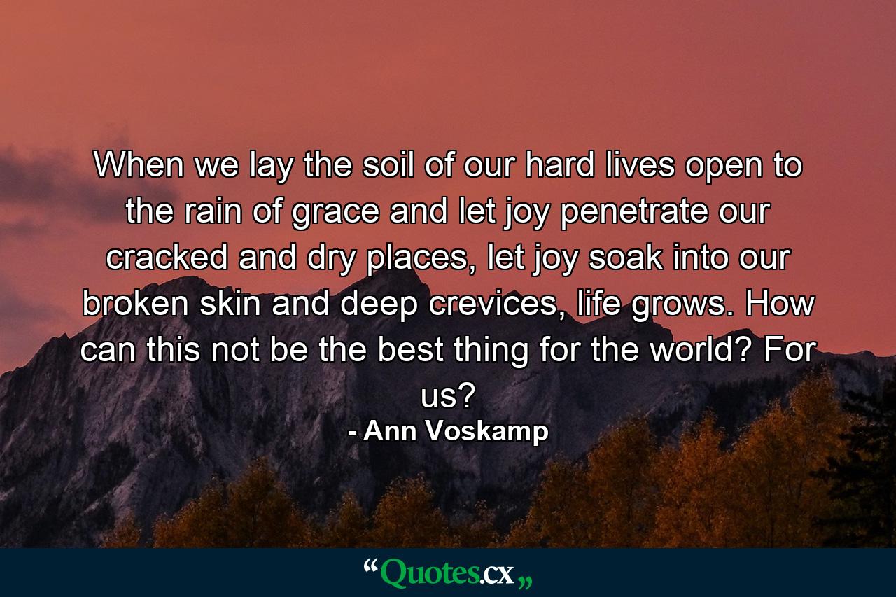 When we lay the soil of our hard lives open to the rain of grace and let joy penetrate our cracked and dry places, let joy soak into our broken skin and deep crevices, life grows. How can this not be the best thing for the world? For us? - Quote by Ann Voskamp