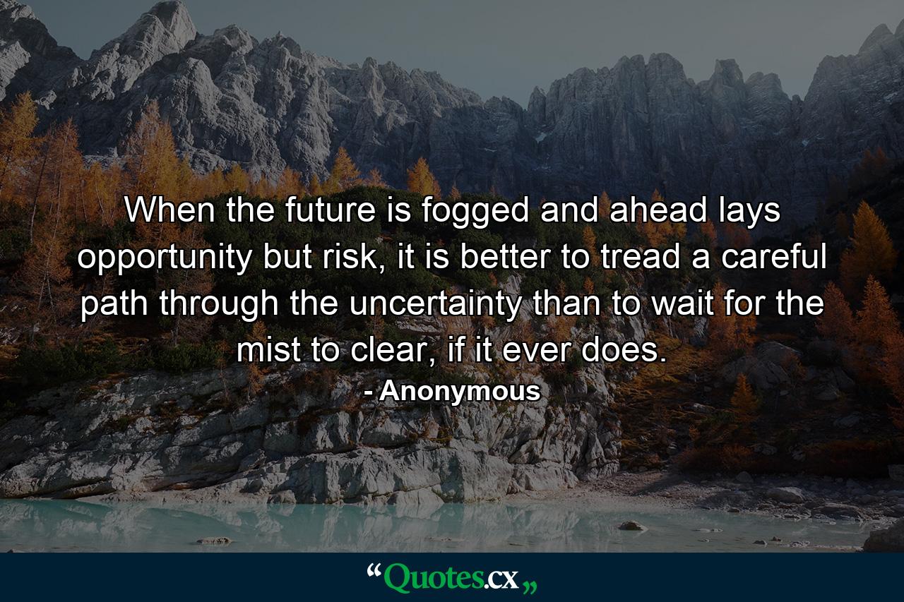 When the future is fogged and ahead lays opportunity but risk, it is better to tread a careful path through the uncertainty than to wait for the mist to clear, if it ever does. - Quote by Anonymous