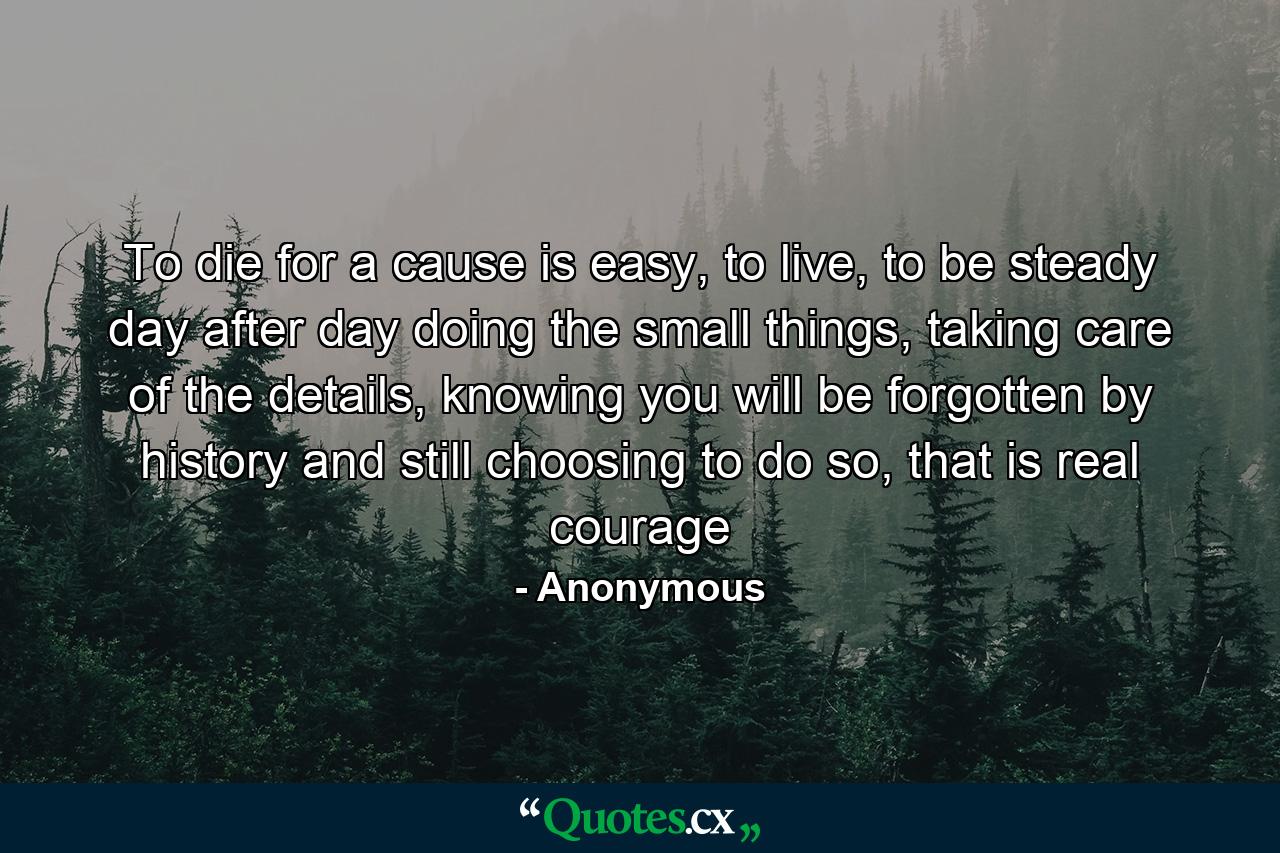 To die for a cause is easy, to live, to be steady day after day doing the small things, taking care of the details, knowing you will be forgotten by history and still choosing to do so, that is real courage - Quote by Anonymous