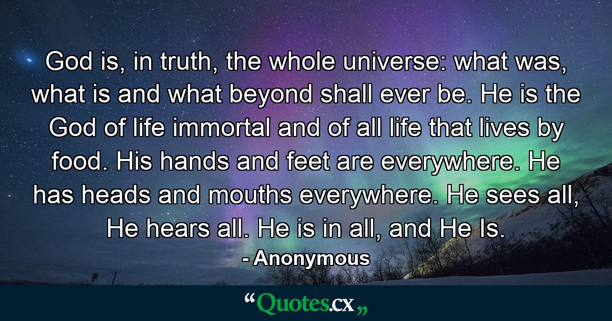 God is, in truth, the whole universe: what was, what is and what beyond shall ever be. He is the God of life immortal and of all life that lives by food. His hands and feet are everywhere. He has heads and mouths everywhere. He sees all, He hears all. He is in all, and He Is. - Quote by Anonymous