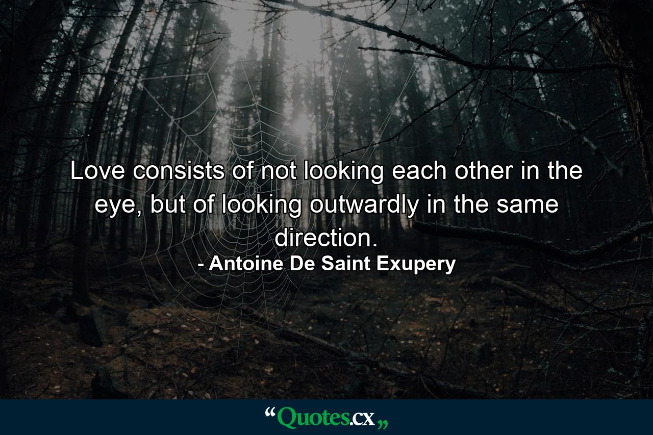 Love consists of not looking each other in the eye, but of looking outwardly in the same direction. - Quote by Antoine De Saint Exupery