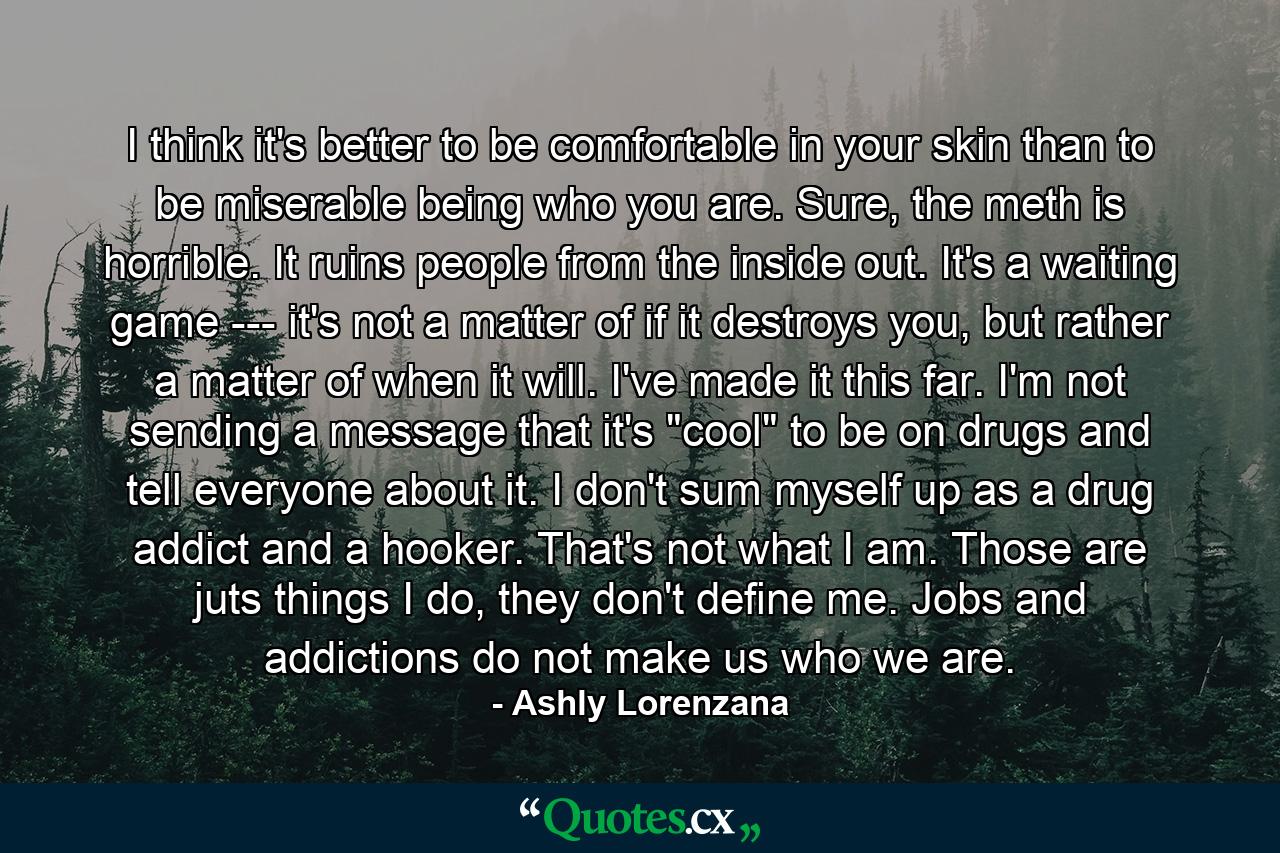 I think it's better to be comfortable in your skin than to be miserable being who you are. Sure, the meth is horrible. It ruins people from the inside out. It's a waiting game --- it's not a matter of if it destroys you, but rather a matter of when it will. I've made it this far. I'm not sending a message that it's 