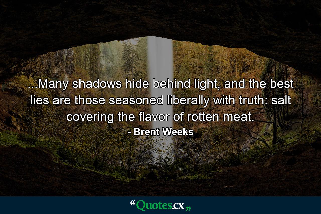 ...Many shadows hide behind light, and the best lies are those seasoned liberally with truth: salt covering the flavor of rotten meat. - Quote by Brent Weeks