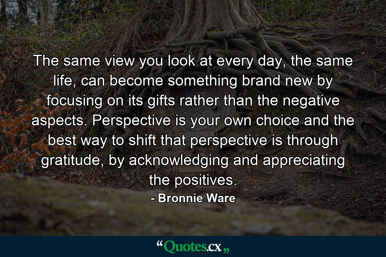 The same view you look at every day, the same life, can become something brand new by focusing on its gifts rather than the negative aspects. Perspective is your own choice and the best way to shift that perspective is through gratitude, by acknowledging and appreciating the positives. - Quote by Bronnie Ware