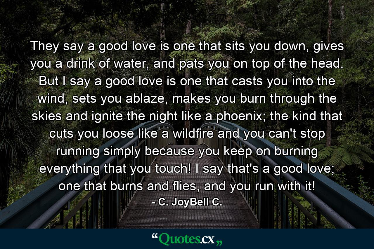 They say a good love is one that sits you down, gives you a drink of water, and pats you on top of the head. But I say a good love is one that casts you into the wind, sets you ablaze, makes you burn through the skies and ignite the night like a phoenix; the kind that cuts you loose like a wildfire and you can't stop running simply because you keep on burning everything that you touch! I say that's a good love; one that burns and flies, and you run with it! - Quote by C. JoyBell C.