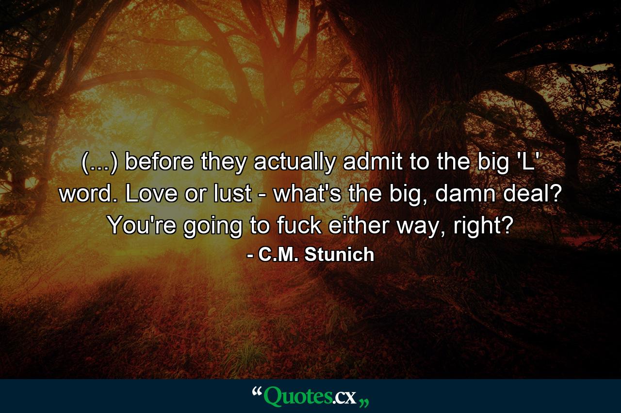 (...) before they actually admit to the big 'L' word. Love or lust - what's the big, damn deal? You're going to  fuck either way, right? - Quote by C.M. Stunich