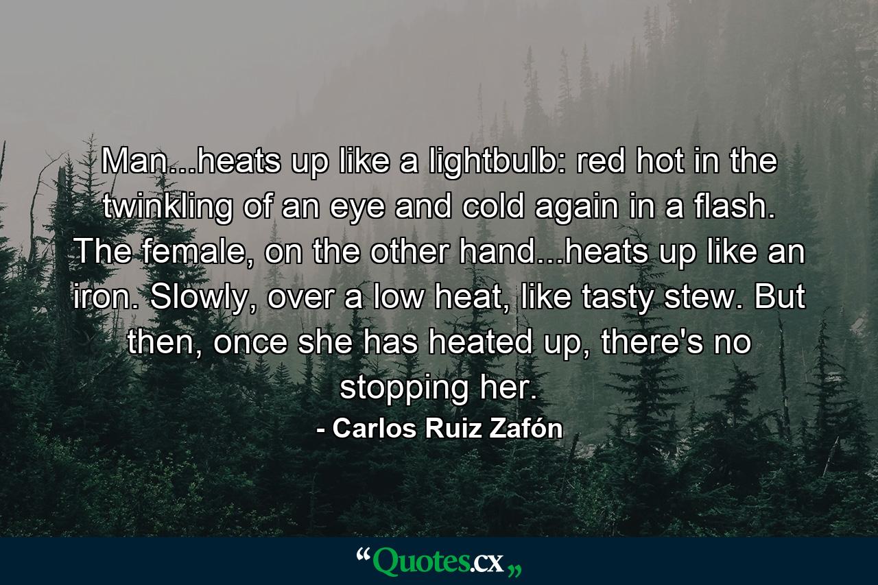 Man...heats up like a lightbulb: red hot in the twinkling of an eye and cold again in a flash. The female, on the other hand...heats up like an iron. Slowly, over a low heat, like tasty stew. But then, once she has heated up, there's no stopping her. - Quote by Carlos Ruiz Zafón