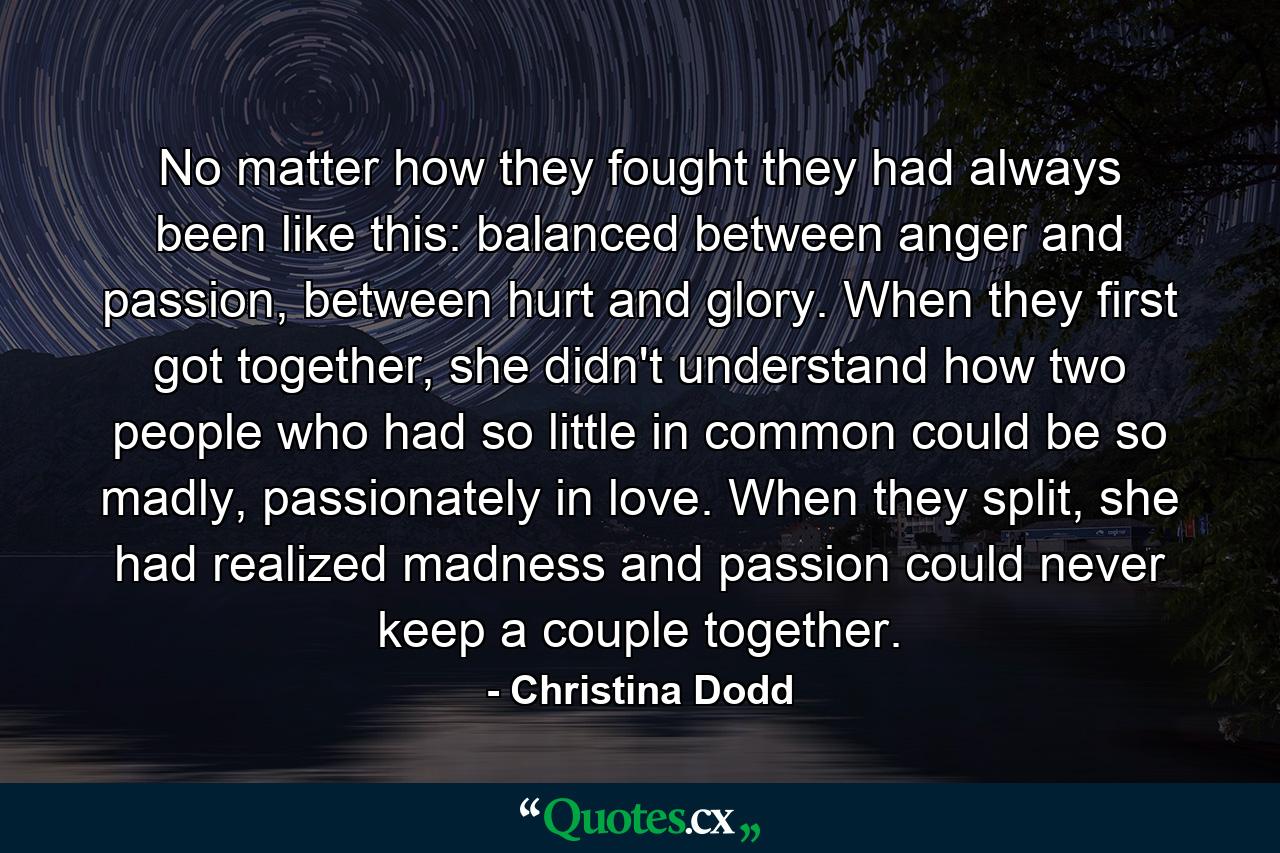 No matter how they fought they had always been like this: balanced between anger and passion, between hurt and glory. When they first got together, she didn't understand how two people who had so little in common could be so madly, passionately in love. When they split, she had realized madness and passion could never keep a couple together. - Quote by Christina Dodd