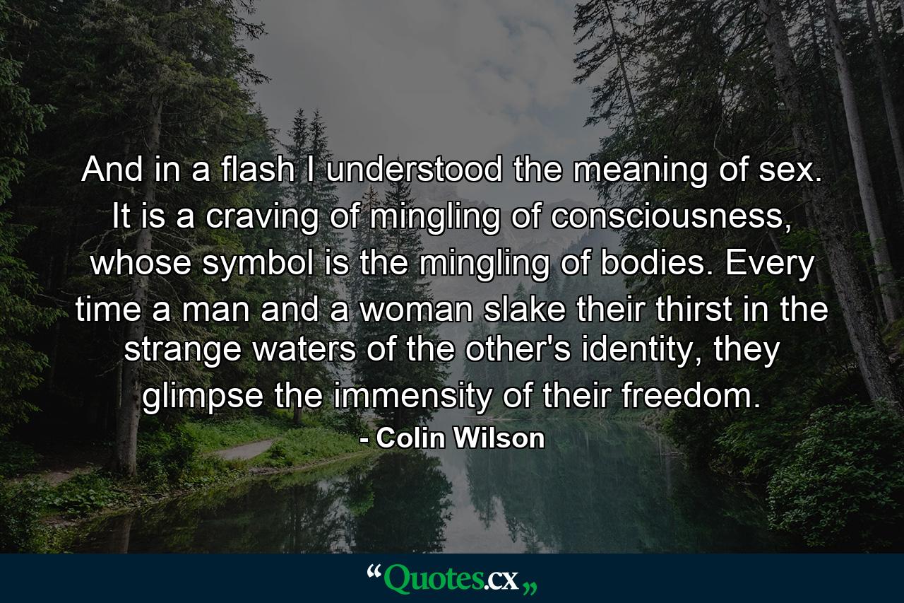 And in a flash I understood the meaning of sex. It is a craving of mingling of consciousness, whose symbol is the mingling of bodies. Every time a man and a woman slake their thirst in the strange waters of the other's identity, they glimpse the immensity of their freedom. - Quote by Colin Wilson