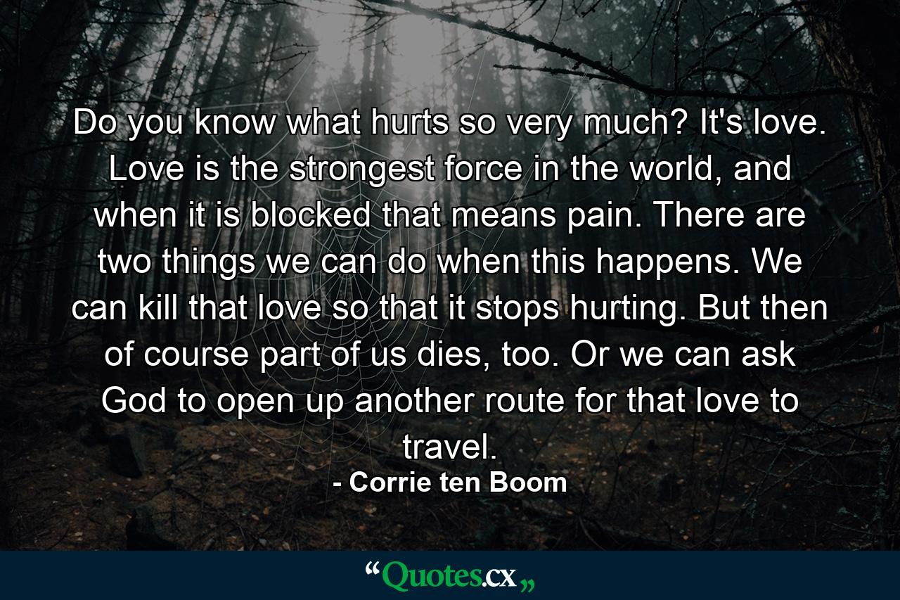 Do you know what hurts so very much? It's love. Love is the strongest force in the world, and when it is blocked that means pain. There are two things we can do when this happens. We can kill that love so that it stops hurting. But then of course part of us dies, too. Or we can ask God to open up another route for that love to travel. - Quote by Corrie ten Boom