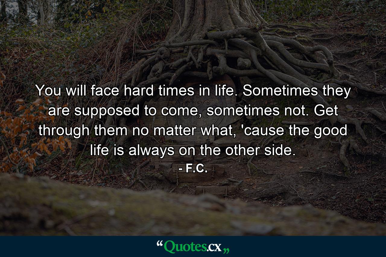 You will face hard times in life. Sometimes they are supposed to come, sometimes not. Get through them no matter what, 'cause the good life is always on the other side. - Quote by F.C.