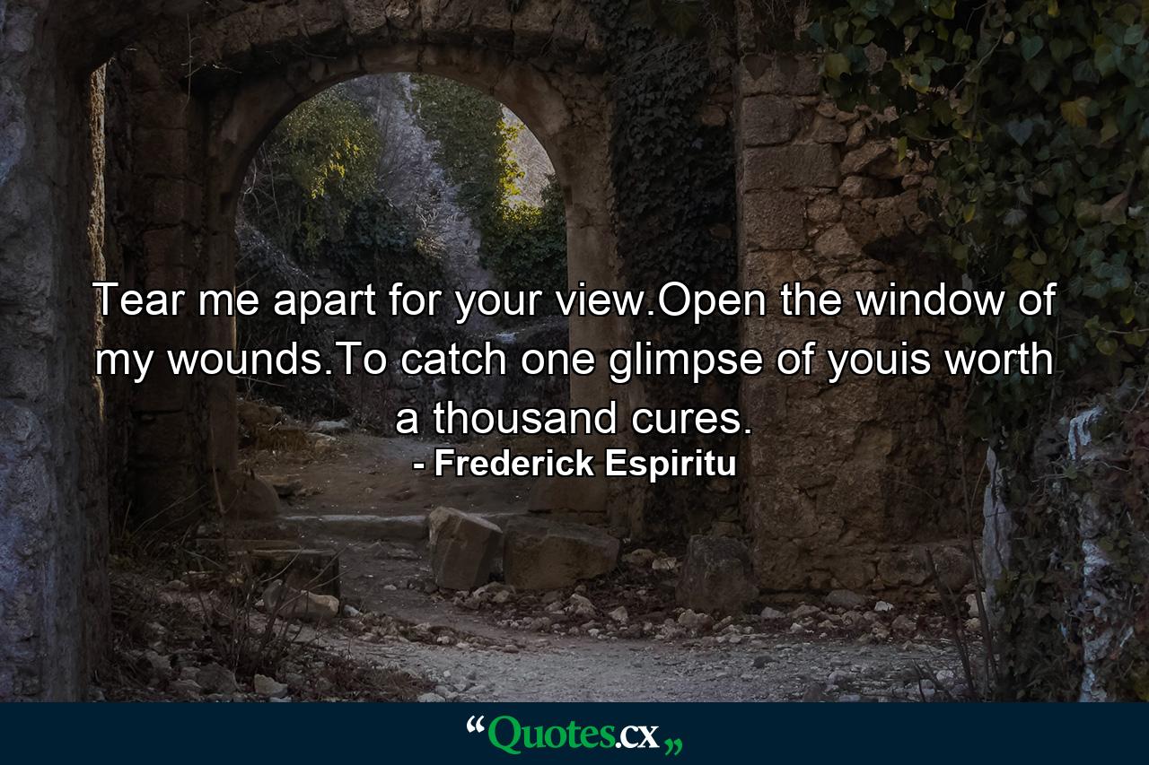 Tear me apart for your view.Open the window of my wounds.To catch one glimpse of youis worth a thousand cures. - Quote by Frederick Espiritu