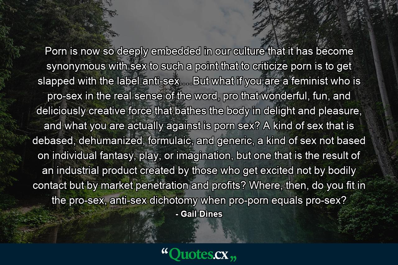 Porn is now so deeply embedded in our culture that it has become synonymous with sex to such a point that to criticize porn is to get slapped with the label anti-sex.…But what if you are a feminist who is pro-sex in the real sense of the word, pro that wonderful, fun, and deliciously creative force that bathes the body in delight and pleasure, and what you are actually against is porn sex? A kind of sex that is debased, dehumanized, formulaic, and generic, a kind of sex not based on individual fantasy, play, or imagination, but one that is the result of an industrial product created by those who get excited not by bodily contact but by market penetration and profits? Where, then, do you fit in the pro-sex, anti-sex dichotomy when pro-porn equals pro-sex? - Quote by Gail Dines