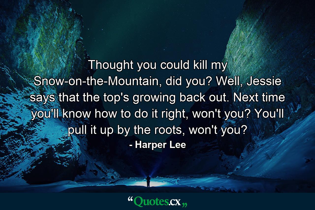 Thought you could kill my Snow-on-the-Mountain, did you? Well, Jessie says that the top's growing back out. Next time you'll know how to do it right, won't you? You'll pull it up by the roots, won't you? - Quote by Harper Lee