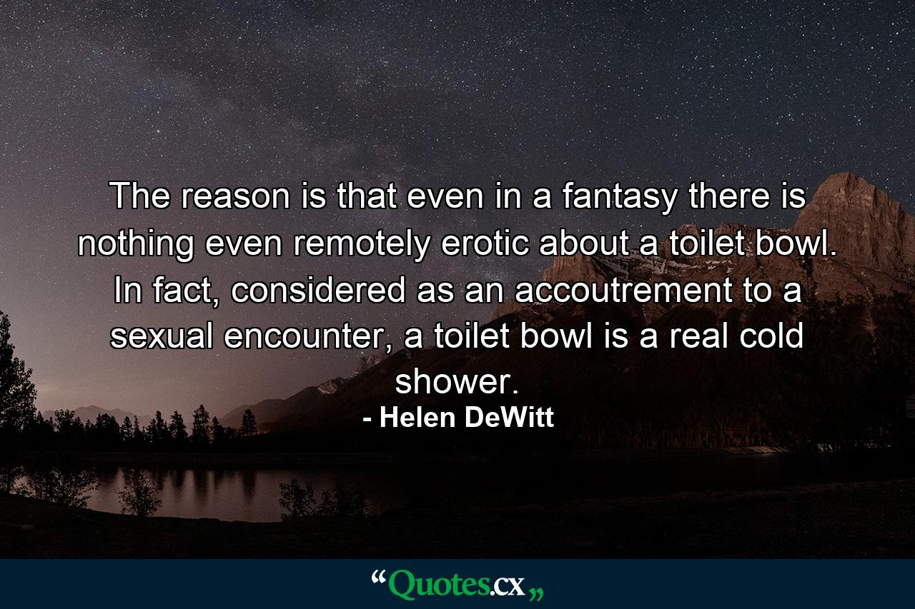 The reason is that even in a fantasy there is nothing even remotely erotic about a toilet bowl. In fact, considered as an accoutrement to a sexual encounter, a toilet bowl is a real cold shower. - Quote by Helen DeWitt