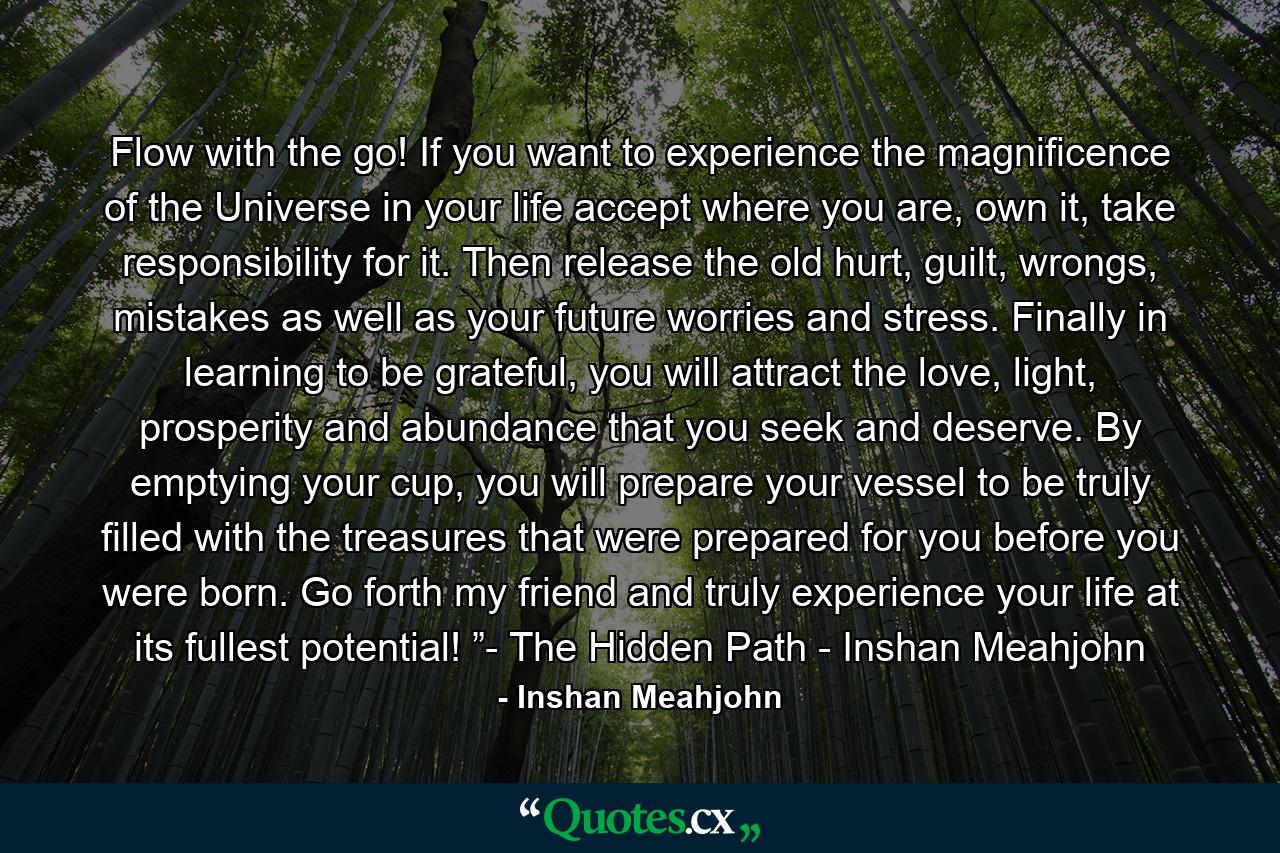 Flow with the go! If you want to experience the magnificence of the Universe in your life accept where you are, own it, take responsibility for it. Then release the old hurt, guilt, wrongs, mistakes as well as your future worries and stress. Finally in learning to be grateful, you will attract the love, light, prosperity and abundance that you seek and deserve. By emptying your cup, you will prepare your vessel to be truly filled with the treasures that were prepared for you before you were born. Go forth my friend and truly experience your life at its fullest potential! ”- The Hidden Path - Inshan Meahjohn - Quote by Inshan Meahjohn