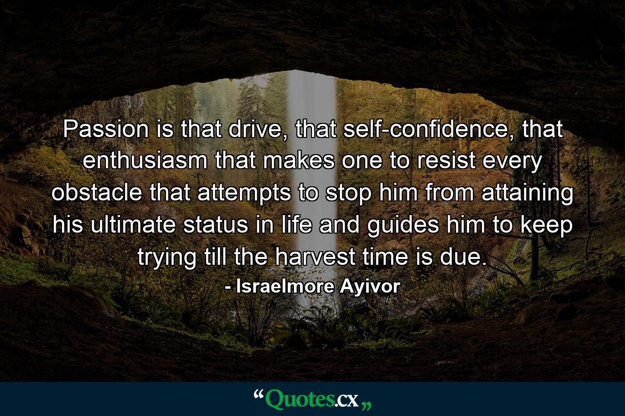 Passion is that drive, that self-confidence, that enthusiasm that makes one to resist every obstacle that attempts to stop him from attaining his ultimate status in life and guides him to keep trying till the harvest time is due. - Quote by Israelmore Ayivor